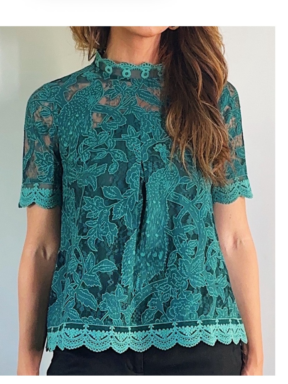 Anthropologie HD Paris Teal Embroidered Peacock Lace Short Sleeve Swing Top
